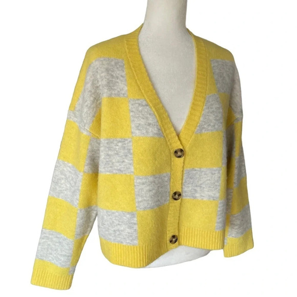 Zara Alpaca Wool Blend Boxy Button Front V Neck Cardigan Sweater Yellow Checked - Picture 4 of 12
